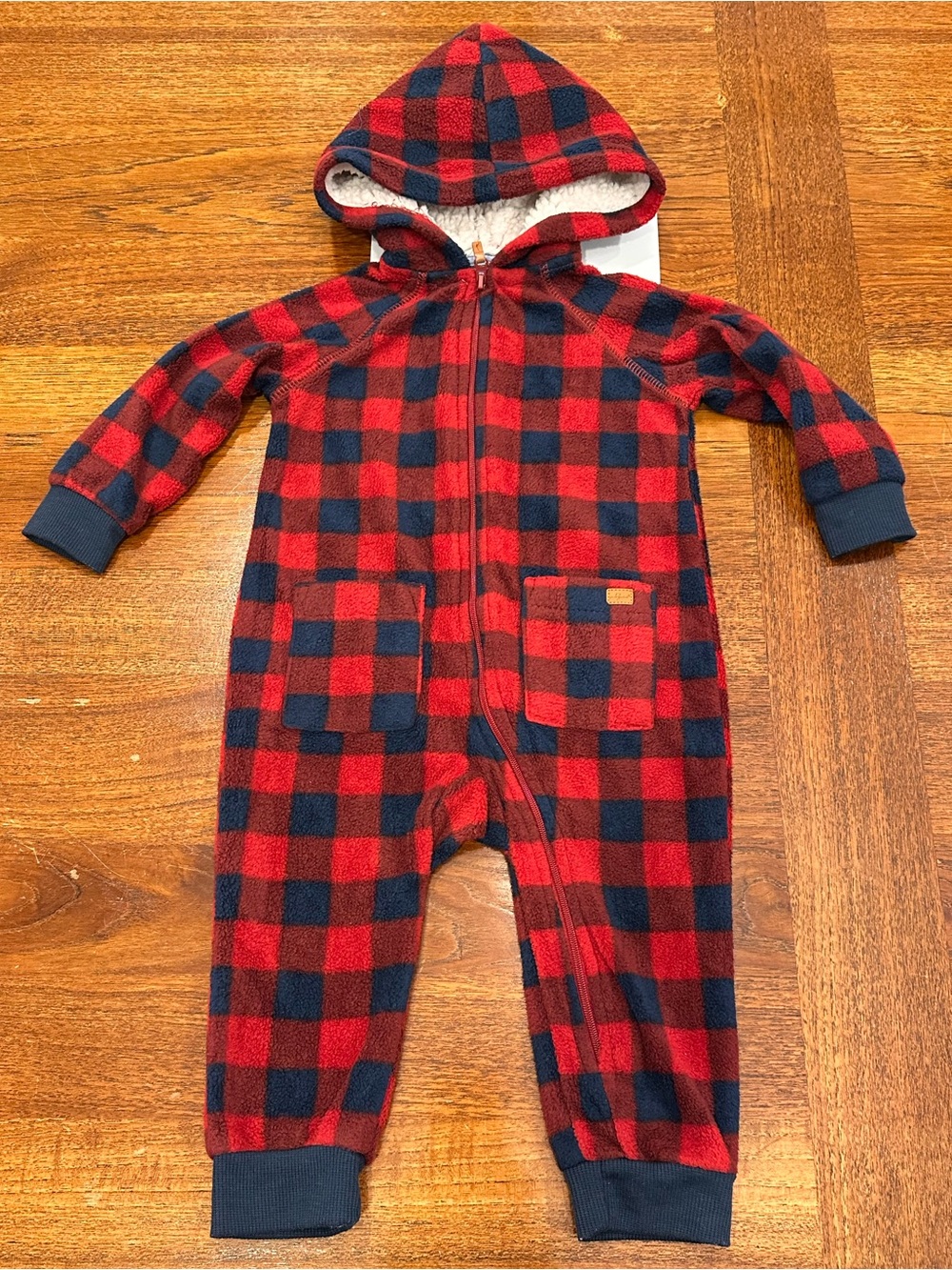 EUC 7 For All Mankind Red & Navy Buffalo Plaid Fleece Hooded One-Piece, 12 Month